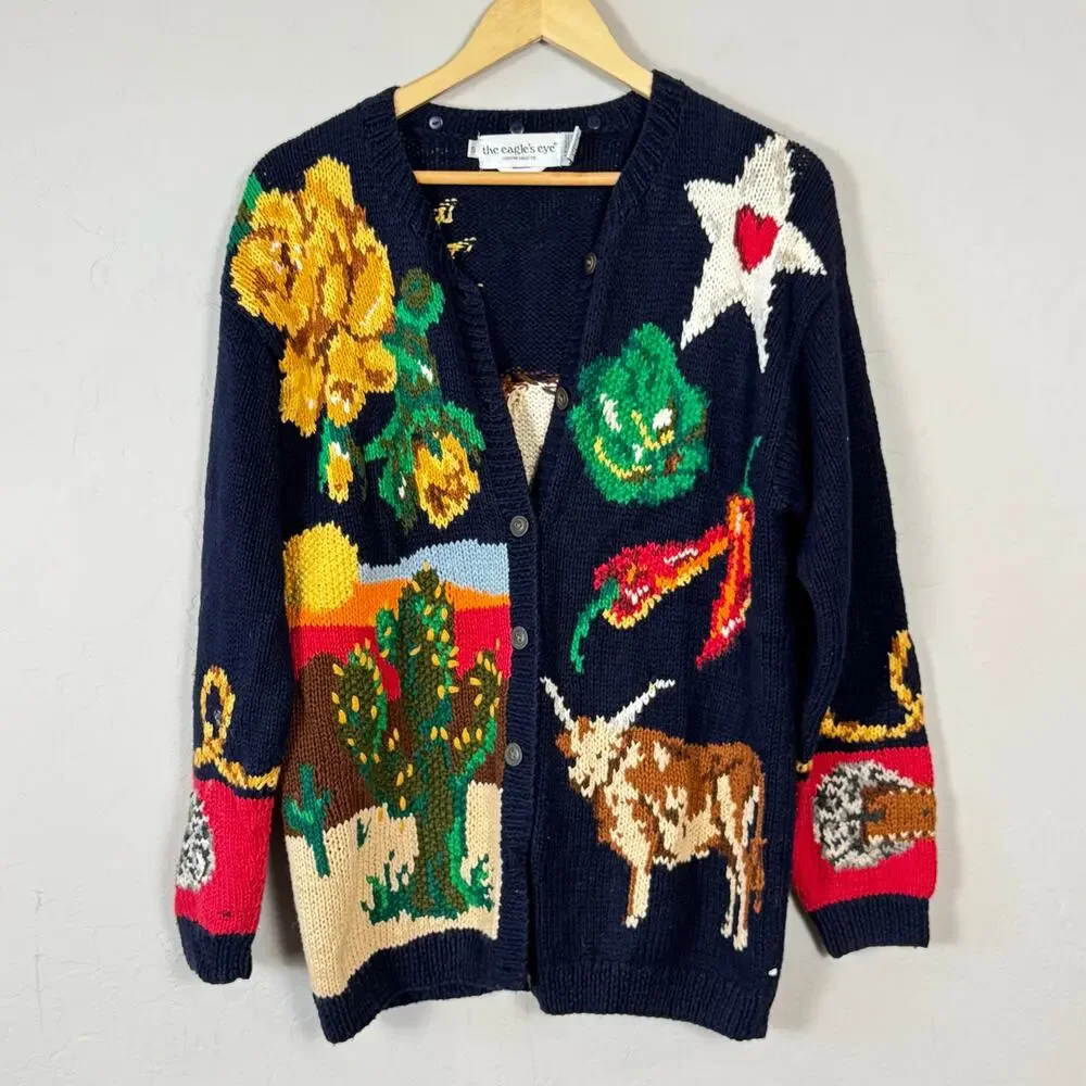 VTG The Eagle's Eye Hand Knit Cardigan Sweater Small Oversized Texas Longhorn - Picture 1 of 16
